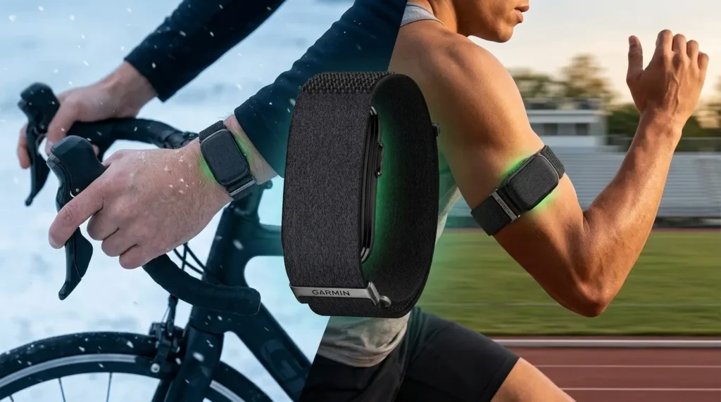 Garmin CIRQA heart rate monitor comparison: wrist vs. bicep placement for cycling and running.