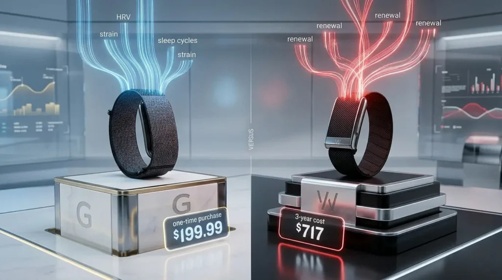 A product comparison photo of two distinct fitness trackers (like Garmin CIRQA and Whoop) showing their different 3-year costs and data tracking.