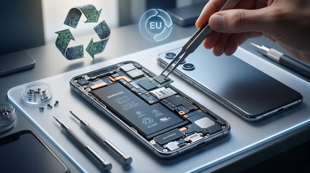 Reparación de smartphone Samsung con componentes internos y batería expuestos. Una mano usa pinzas para colocar un chip. Símbolos de reciclaje y UE para ilustrar el Derecho a Reparar.