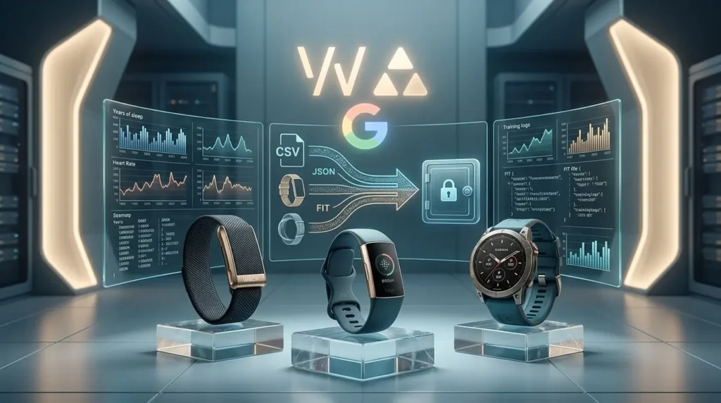 A futuristic data center display featuring dynamic graphs of sleep and heart rate data, digital file icons labeled CSV, JSON, and FIT flowing into a secured vault, and three fitness wearables from Whoop, Google, and Garmin on glass pedestals below.