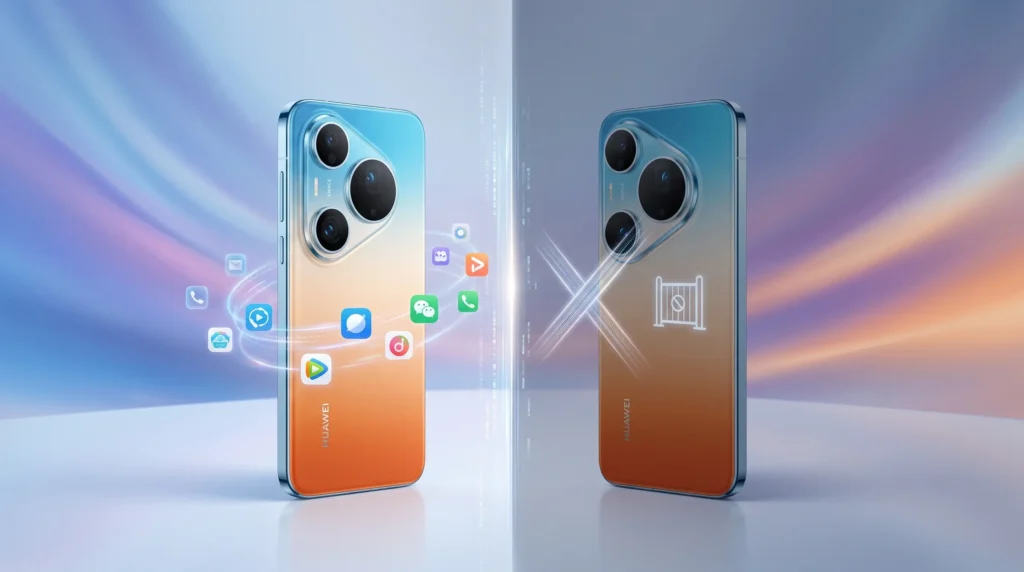 Comparación de software de smartphones Huawei Pura 90, mostrando un ecosistema de aplicaciones abierto a la izquierda y restricciones con una X y un candado a la derecha.