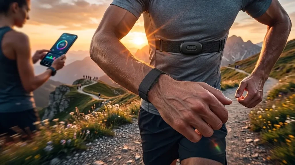Garmin CIRQA heart rate monitor strap & arm band worn by mountain runner.