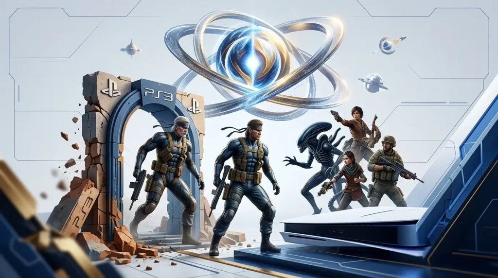 Ilustración que representa el paso de 'Metal Gear Solid 4' de PlayStation 3 a PS5, con Snake saliendo de un portal en ruinas de PS3 hacia una consola PS5 rodeada por personajes de 'Aliens: Fireteam Elite 2', 'Star Wars Zero Company' y 'Resonance: A Plague Tale Legacy' bajo un símbolo de hora global.