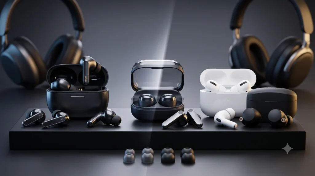 Comparativa de los mejores audífonos in-ear 2026: AirPods Pro 3, Sony WF-1000XM6, Samsung y Redmi Buds 8 Pro en diseño premium.