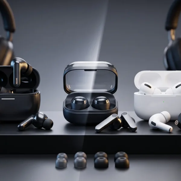Comparativa de los mejores audífonos in-ear 2026: AirPods Pro 3, Sony WF-1000XM6, Samsung y Redmi Buds 8 Pro en diseño premium.