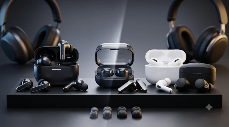 Comparativa de los mejores audífonos in-ear 2026: AirPods Pro 3, Sony WF-1000XM6, Samsung y Redmi Buds 8 Pro en diseño premium.