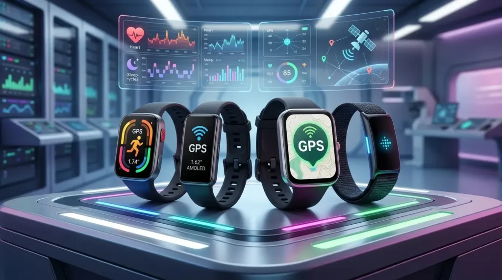 Cuatro pulseras de actividad de 2026 de Xiaomi, Huawei, Amazfit y Fitbit sobre un soporte futurista en un laboratorio. El Xiaomi Smart Band 10 Pro y Huawei Band 11 Pro muestran iconos de GPS; el Amazfit Bip 6 tiene un mapa; el Fitbit Air es una banda de tela sin pantalla. Al fondo, pantallas flotantes con datos de salud y satélites.