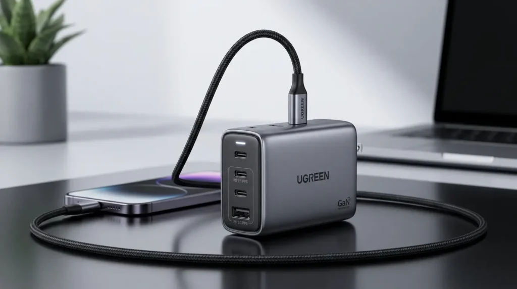 Cargador Gan UGREEN creado con IA conectado a un celular.