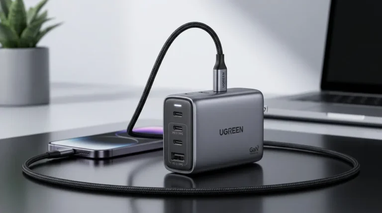 Cargador Gan UGREEN creado con IA conectado a un celular.