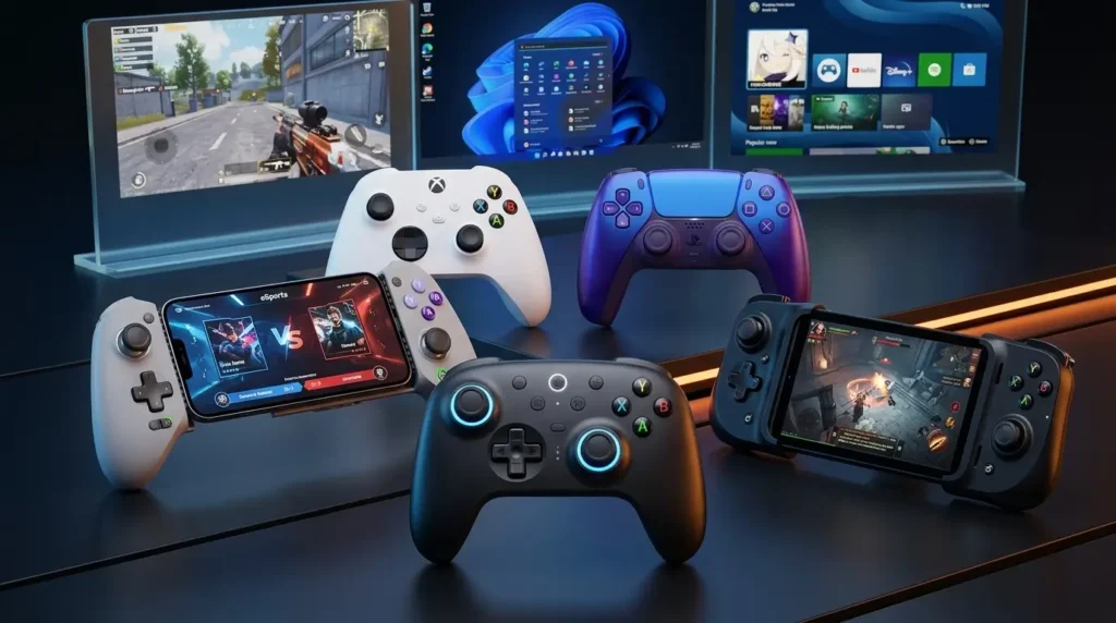 Comparativa de mandos de juego 2026: modelos para móvil, PC y consola sobre superficie tecnológica