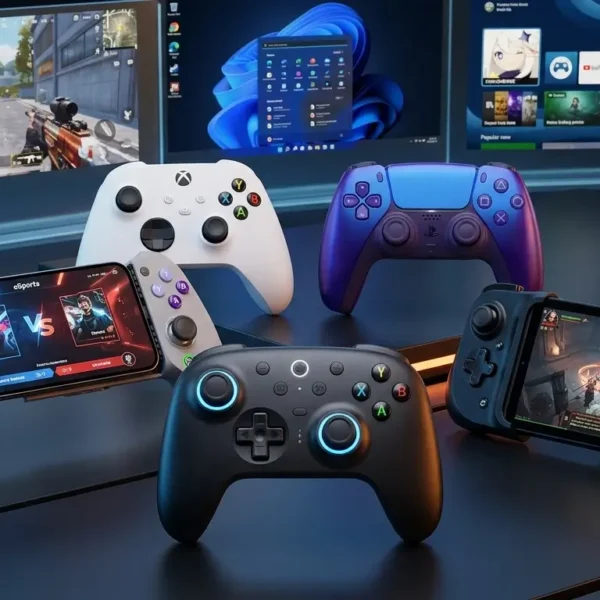 Comparativa de mandos de juego 2026: modelos para móvil, PC y consola sobre superficie tecnológica