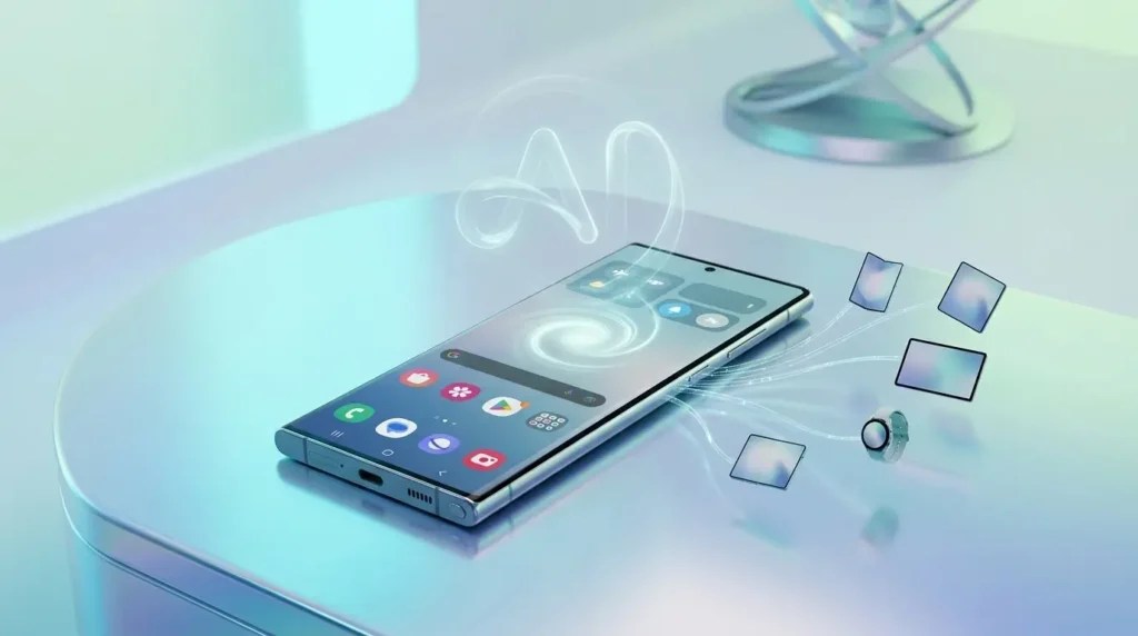 Renderizado 3D de un smartphone Samsung Galaxy plateado sobre una mesa reflectante en tonos azul y turquesa, mostrando una interfaz de usuario con un gran símbolo "AI" de luz flotante y varios dispositivos Galaxy (teléfonos plegables, tableta, reloj) flotando alrededor.