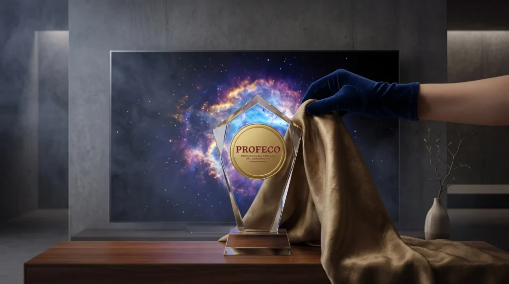 Mano con guante revela Premio PROFECO Procuraduría Federal del Consumidor de cristal frente a Smart TV