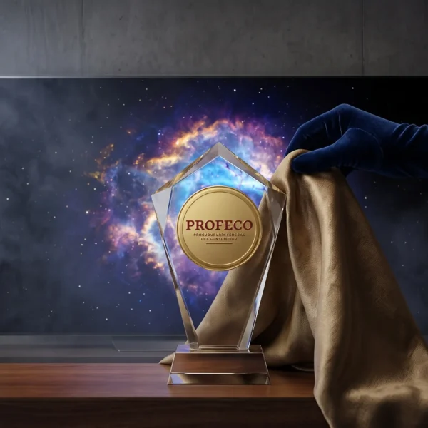 Mano con guante revela Premio PROFECO Procuraduría Federal del Consumidor de cristal frente a Smart TV