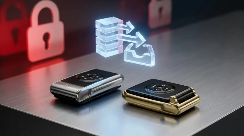 A conceptual image showing two high-end, screenless biometric tracking sensors—one silver, one gold—facing away from the viewer on a brushed metal surface. Holographic, data export and locking symbols float above the devices. Red holographic locks are visible in the blurred background. The devices have a sleek, anonymous design without distinct logos. The image is horizontal and high-resolution, suitable as a blog post cover.