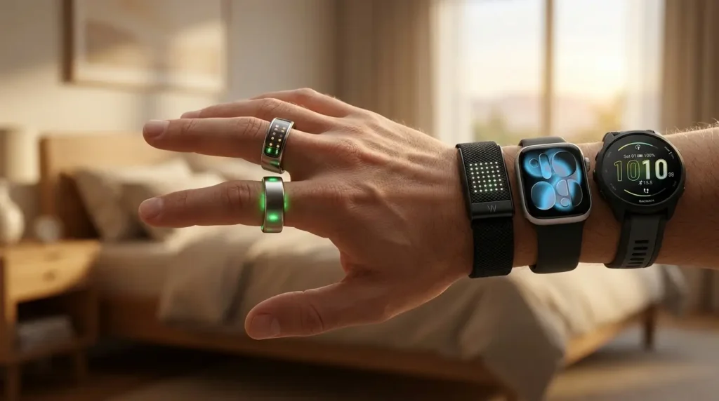 Una mano humana con múltiples dispositivos portátiles en una habitación borrosa. Hay un reloj inteligente con una esfera analógica, un rastreador de ejercicios con una pantalla digital, un rastreador de sueño con un sensor verde brillante, y dos anillos inteligentes con sensores brillantes.