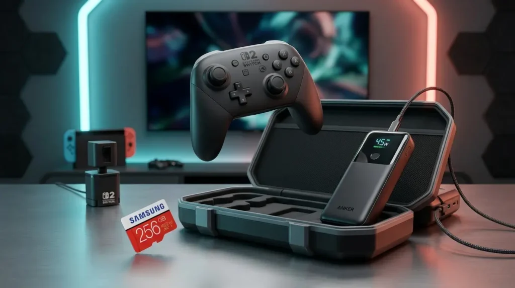 Un primer plano de un kit de accesorios para Nintendo Switch, incluyendo una tarjeta de memoria Micro SD de 256GB y una estación de carga Anker, todo organizado de manera ordenada para un gamer en movimiento.