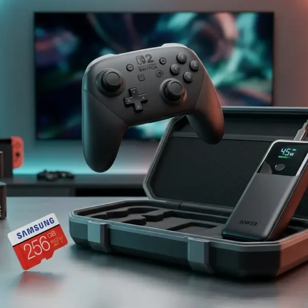 Un primer plano de un kit de accesorios para Nintendo Switch, incluyendo una tarjeta de memoria Micro SD de 256GB y una estación de carga Anker, todo organizado de manera ordenada para un gamer en movimiento.