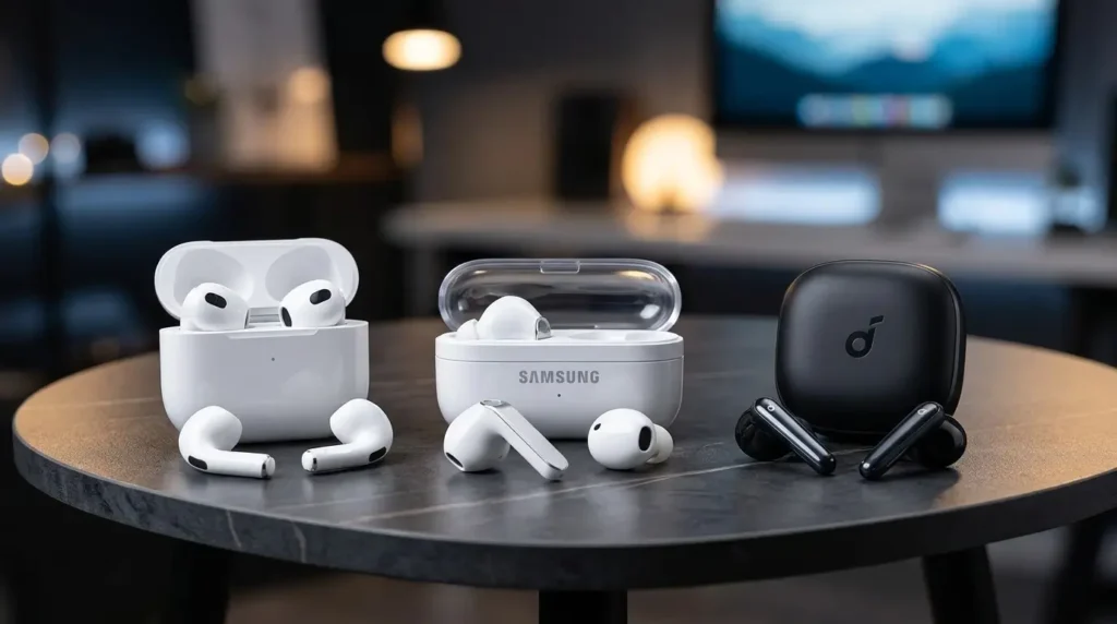 Tres modelos de auriculares inalámbricos (Apple AirPods 5, Samsung Galaxy Buds 4 y Soundcore Liberty 5) con sus estuches de carga en una mesa, para una comparativa de tecnología y cancelación de ruido.