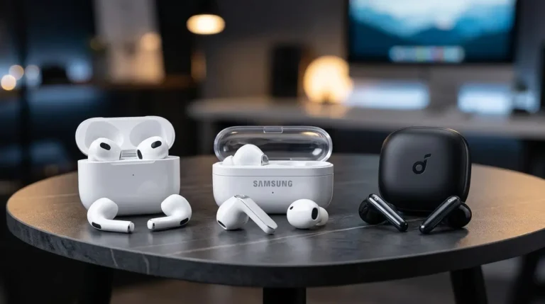 Tres modelos de auriculares inalámbricos (Apple AirPods 5, Samsung Galaxy Buds 4 y Soundcore Liberty 5) con sus estuches de carga en una mesa, para una comparativa de tecnología y cancelación de ruido.