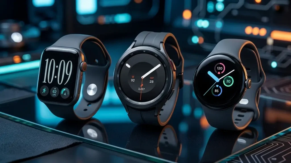 Tres smartwatches de última generación alineados sobre una superficie oscura y reflectante: el Apple Watch Series 12 (izquierda, pantalla cuadrada), el Samsung Galaxy Watch 9 (centro, pantalla redonda) y el Google Pixel Watch 5 (derecha, diseño circular abovedado), mostrando sus pantallas encendidas en un entorno tecnológico con luces desenfocadas de fondo.