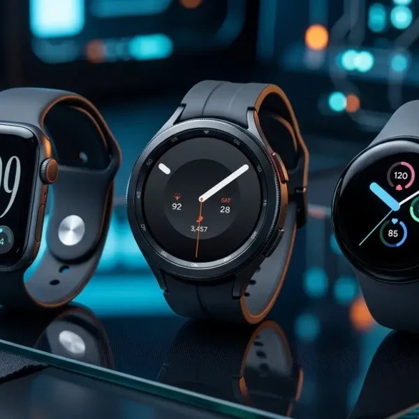 Tres smartwatches de última generación alineados sobre una superficie oscura y reflectante: el Apple Watch Series 12 (izquierda, pantalla cuadrada), el Samsung Galaxy Watch 9 (centro, pantalla redonda) y el Google Pixel Watch 5 (derecha, diseño circular abovedado), mostrando sus pantallas encendidas en un entorno tecnológico con luces desenfocadas de fondo.