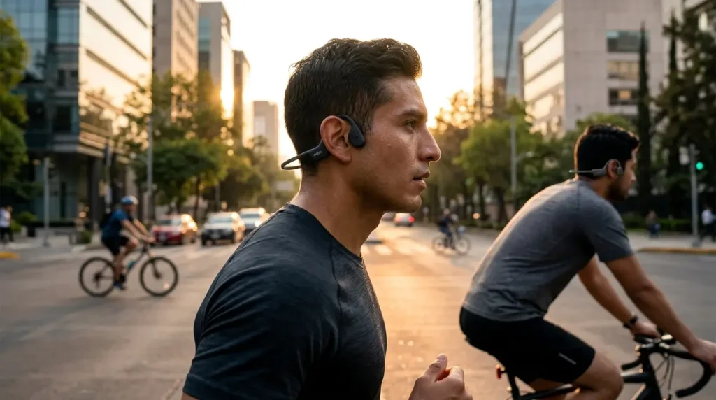 Un corredor y un ciclista en una calle de la Ciudad de México al atardecer, usando audífonos Shokz de conducción ósea para entrenar de forma segura en el tráfico.