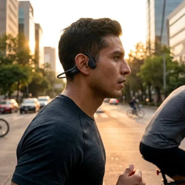 Un corredor y un ciclista en una calle de la Ciudad de México al atardecer, usando audífonos Shokz de conducción ósea para entrenar de forma segura en el tráfico.