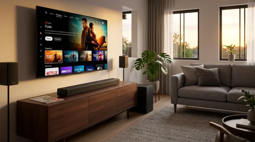 Una moderna sala de estar mexicana con una barra de sonido y subwoofer en un mueble de madera bajo una televisión encendida.