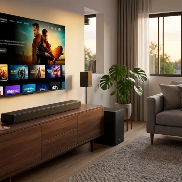Una moderna sala de estar mexicana con una barra de sonido y subwoofer en un mueble de madera bajo una televisión encendida.