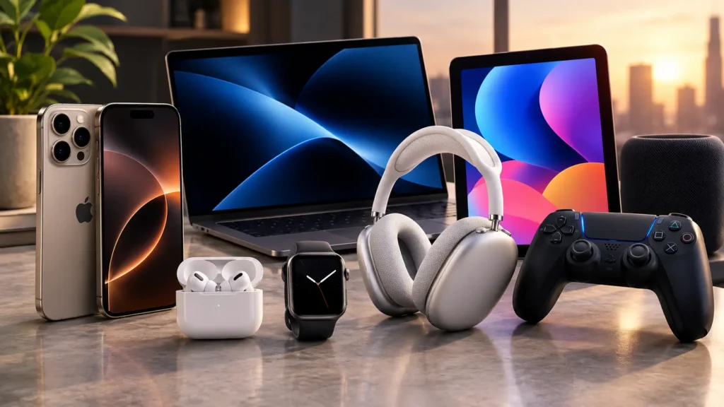 Conjunto de dispositivos tecnológicos Apple modernos sobre un escritorio, incluyendo un iPhone, MacBook, iPad, Apple Watch, AirPods Max y un mando de PS5 con vistas al perfil de la ciudad al atardecer