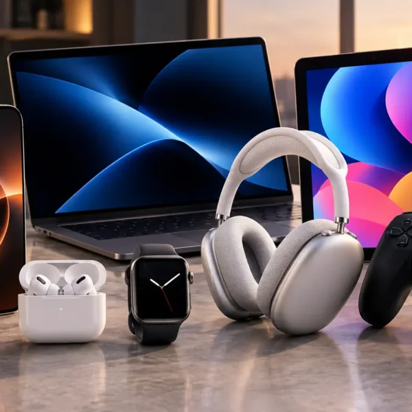 Conjunto de dispositivos tecnológicos Apple modernos sobre un escritorio, incluyendo un iPhone, MacBook, iPad, Apple Watch, AirPods Max y un mando de PS5 con vistas al perfil de la ciudad al atardecer