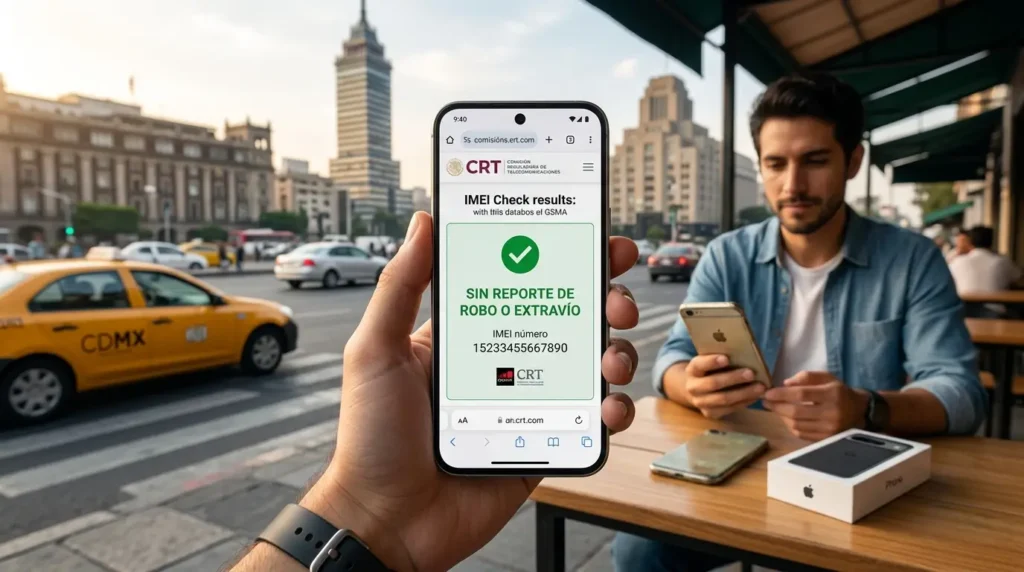 Mano sosteniendo smartphone con resultado de consulta IMEI "Sin reporte de robo" en CDMX.
