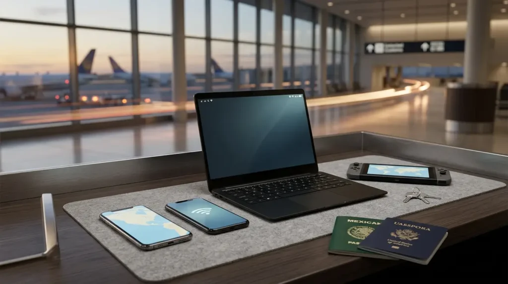 Portatil, moviles y pasaportes en mostrador de aeropuerto.