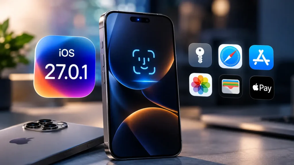 iPhone 18 Pro con Face ID e iOS 27.0.1 actualizándose