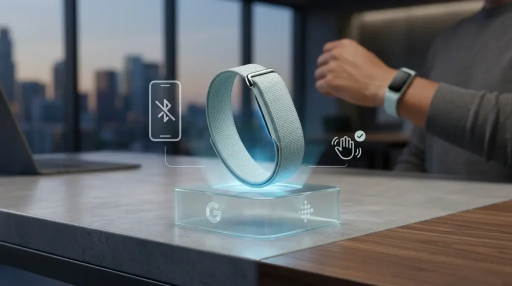Fitbit Air fitness tracker floating above a glass charging dock with Google and Fitbit logos, showcasing holographic battery life tips like disabling phone Bluetooth and managing haptic settings, set against a blurred modern background.