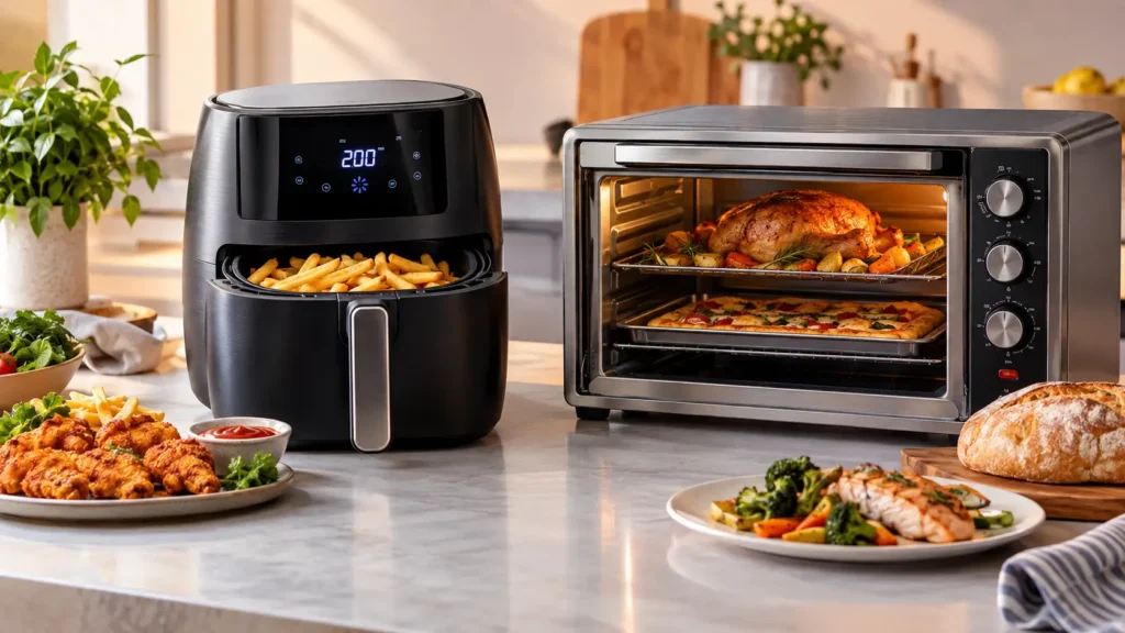 Freidora de aire y horno eléctrico con alimentos preparados en una cocina moderna.