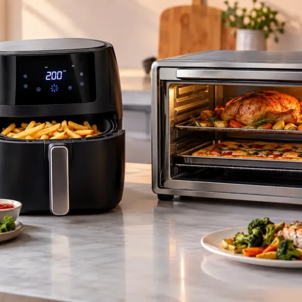 Freidora de aire y horno eléctrico con alimentos preparados en una cocina moderna.