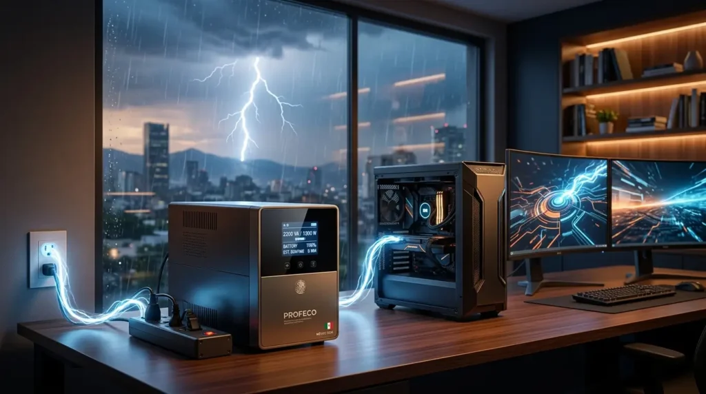 En un escritorio de oficina con vistas a una ciudad lluviosa y con rayos, hay dos ordenadores de sobremesa de color negro sobre la mesa de madera. El PC de la derecha tiene un lateral transparente que deja ver los componentes internos, como la tarjeta gráfica, la placa base y los ventiladores, que están iluminados con luces RGB. Dos monitores curvos muestran un fondo de pantalla con un diseño futurista de circuitos. Un teclado y un ratón están situados frente a los monitores. Al fondo, a la derecha, hay una estantería con libros y plantas. La escena se complementa con la iluminación cálida de la oficina y la luz fría y dramática de la tormenta en el exterior.