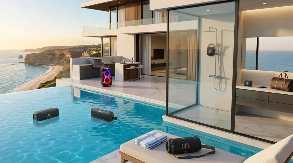Una villa de lujo moderna al atardecer con una piscina infinita y vistas al mar, donde se muestran altavoces Bluetooth portátiles de JBL y Bose y una maleta Louis Vuitton en el patio.