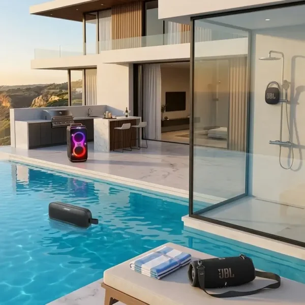 Una villa de lujo moderna al atardecer con una piscina infinita y vistas al mar, donde se muestran altavoces Bluetooth portátiles de JBL y Bose y una maleta Louis Vuitton en el patio.