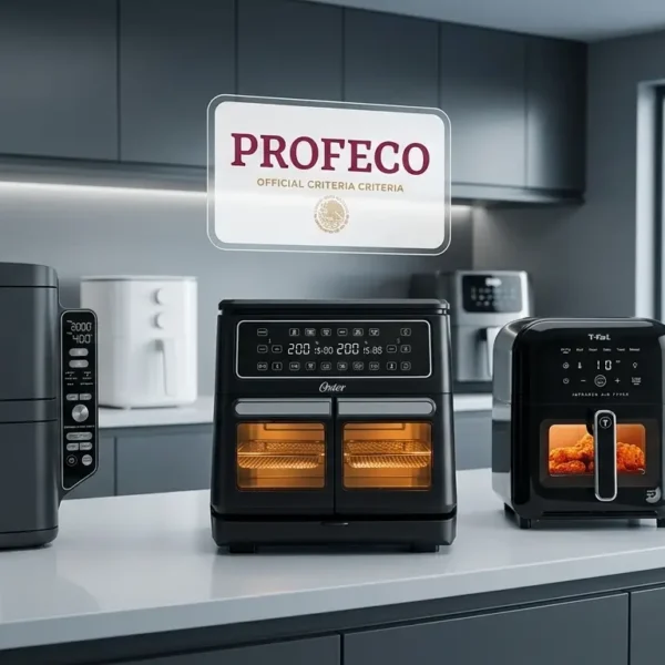 Una freidora de aire T-Fal de color negro y plateado está funcionando y cocinando, con la canasta abierta y mostrando un bistec con papas fritas.