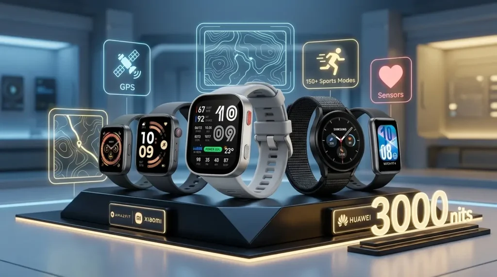 Varias marcas de smartwatches oficiales en México para 2026, incluyendo el Amazfit Bip Max, Redmi Watch 6, Samsung Galaxy Watch FE y Huawei Watch Fit 4, sobre un podio tecnológico que resalta sus especificaciones premium como GPS independiente y 3000 nits.