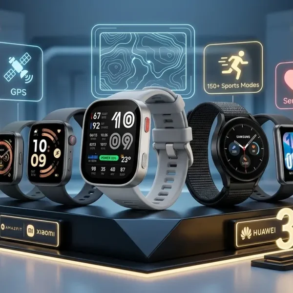 Varias marcas de smartwatches oficiales en México para 2026, incluyendo el Amazfit Bip Max, Redmi Watch 6, Samsung Galaxy Watch FE y Huawei Watch Fit 4, sobre un podio tecnológico que resalta sus especificaciones premium como GPS independiente y 3000 nits.