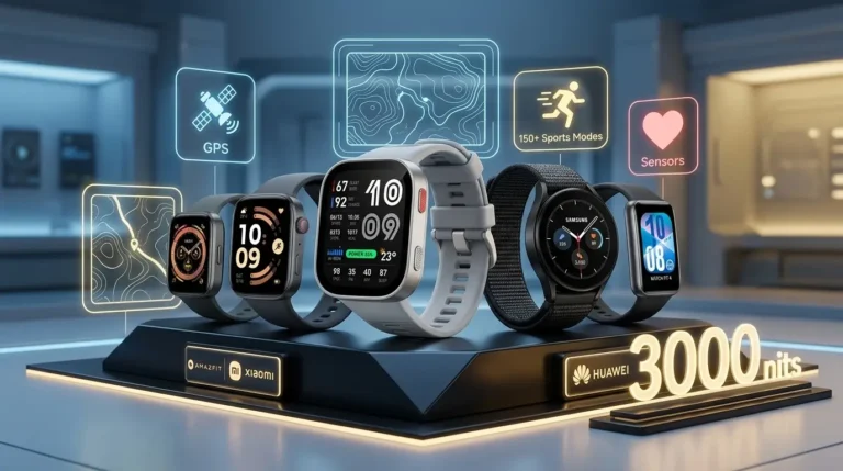 Varias marcas de smartwatches oficiales en México para 2026, incluyendo el Amazfit Bip Max, Redmi Watch 6, Samsung Galaxy Watch FE y Huawei Watch Fit 4, sobre un podio tecnológico que resalta sus especificaciones premium como GPS independiente y 3000 nits.