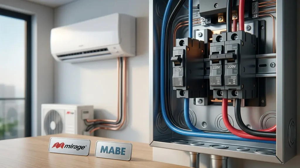 Panel eléctrico con pastillas térmicas de 110V y 220V junto a logos de Mirage y Mabe, con un aire acondicionado minisplit al fondo.