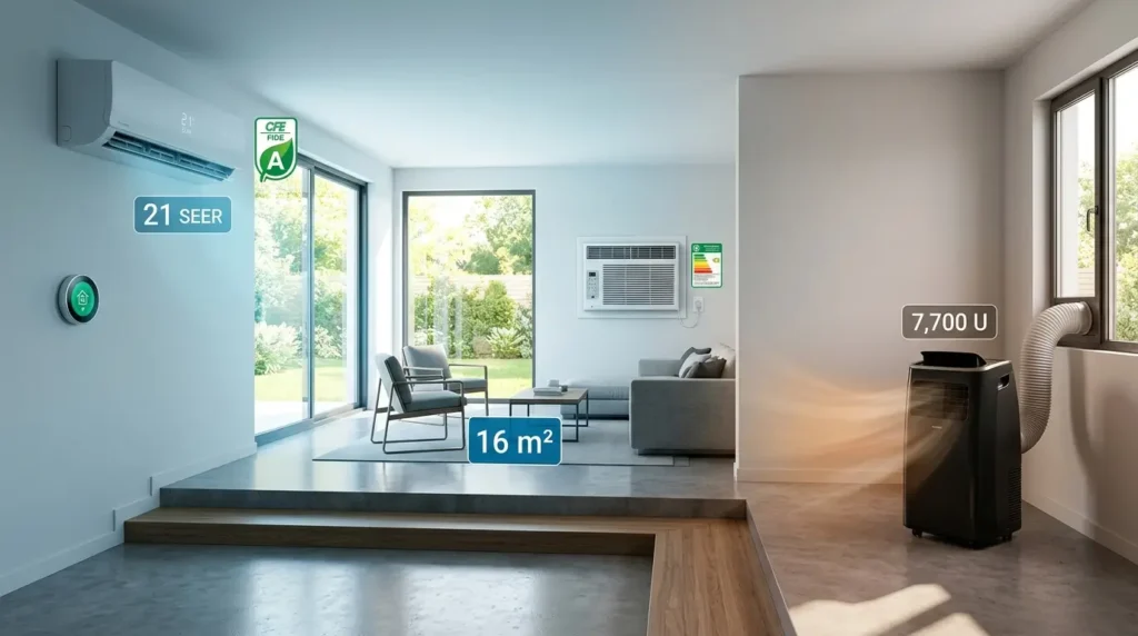 Comparativa de eficiencia energética de tres tipos de aire acondicionado en una sala de estar moderna y bien iluminada: un minisplit inverter montado en la pared con etiqueta de eficiencia 'A' de FIDE, un equipo de aire acondicionado de ventana al fondo y un aire acondicionado portátil en primer plano a la derecha. El minisplit resalta por su alta eficiencia energética.