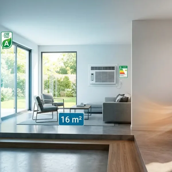 Comparativa de eficiencia energética de tres tipos de aire acondicionado en una sala de estar moderna y bien iluminada: un minisplit inverter montado en la pared con etiqueta de eficiencia 'A' de FIDE, un equipo de aire acondicionado de ventana al fondo y un aire acondicionado portátil en primer plano a la derecha. El minisplit resalta por su alta eficiencia energética.