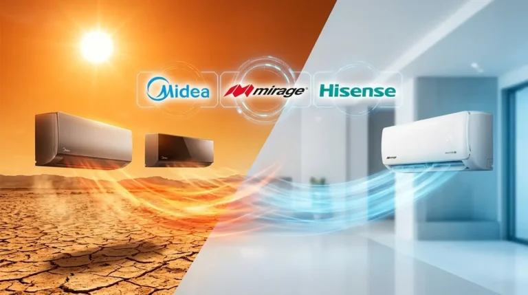Una imagen dividida diagonalmente: a la izquierda, un desierto árido y soleado con dos minisplits de Midea y Mirage; a la derecha, un interior moderno y fresco con un minisplit de Hisense emitiendo aire frío. Los logos de Midea, Mirage y Hisense aparecen en la parte superior.