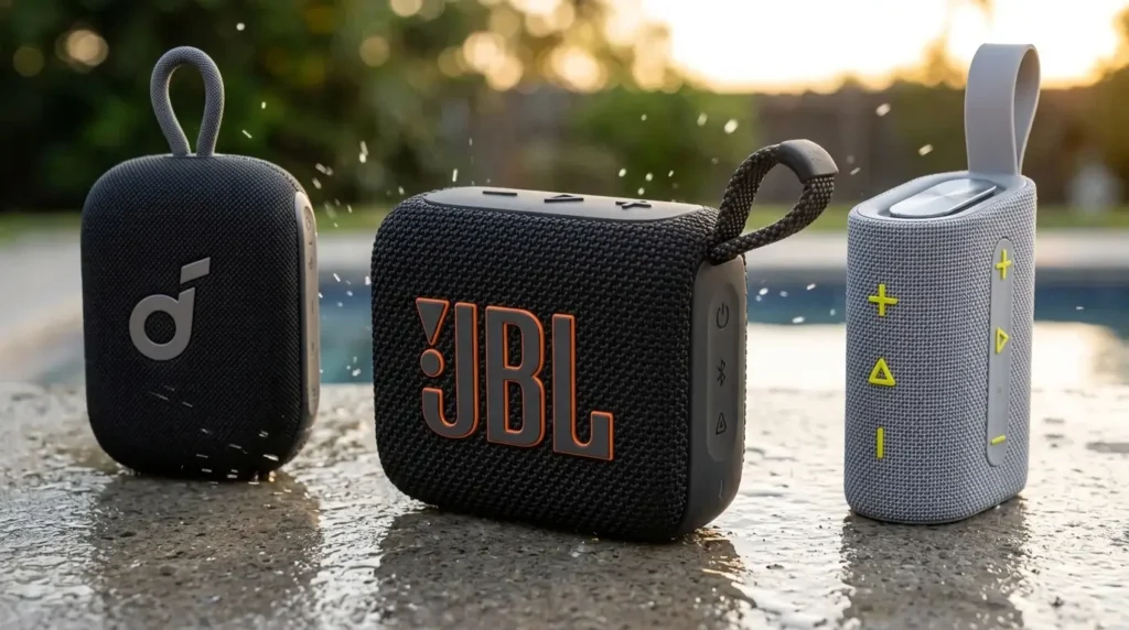 Tres bocinas portátiles compactas mojadas por salpicaduras (Anker Soundcore, JBL y Xiaomi) colocadas sobre el borde húmedo de una piscina al atardecer.